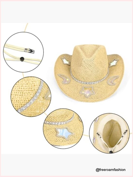 Straw Western Cowgirl Hat with Reflective Patches, Adjustable